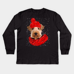 Wire Fox Terrier Wearing Red Hat And Scarf Christmas Kids Long Sleeve T-Shirt